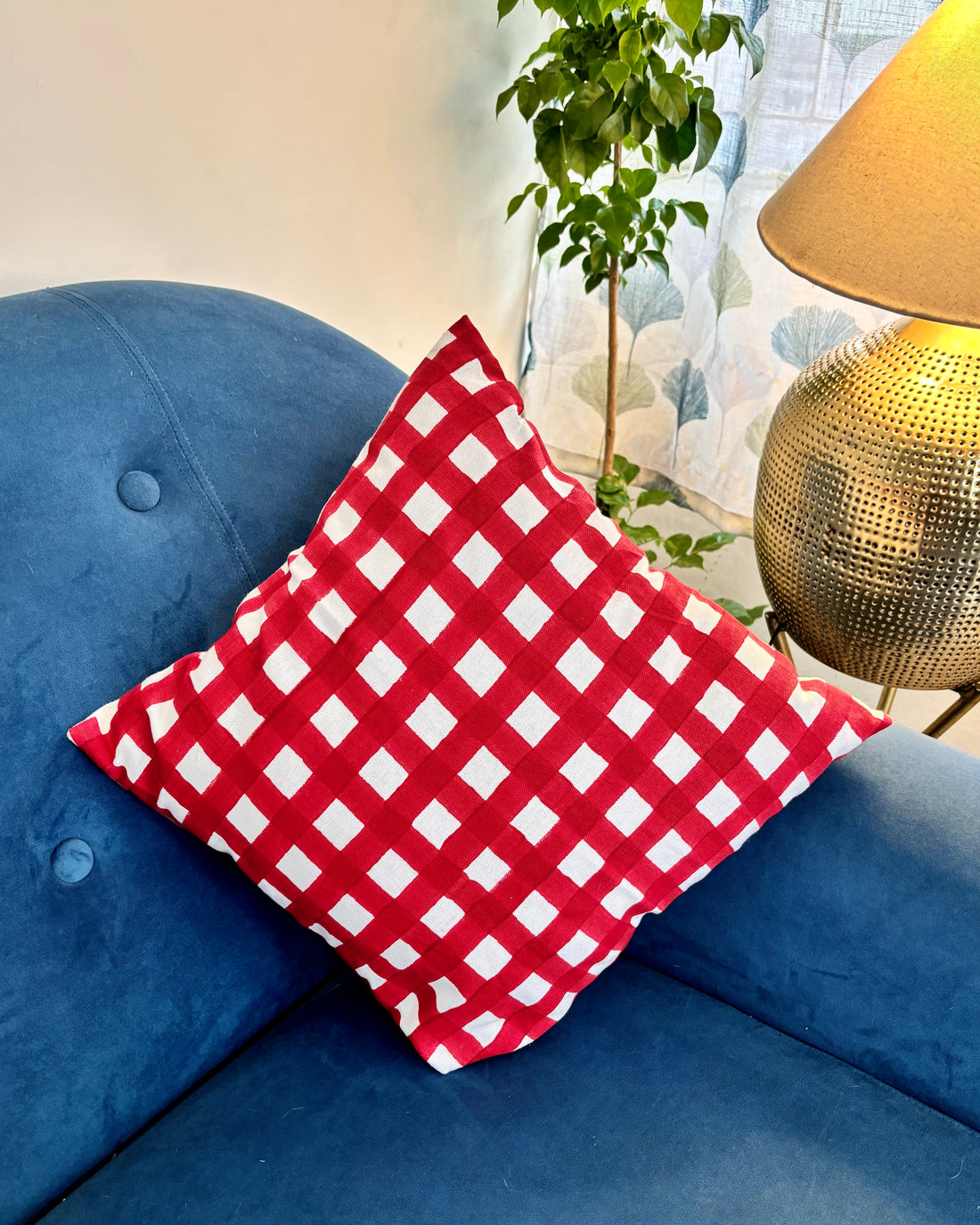 Red checks cushion cover