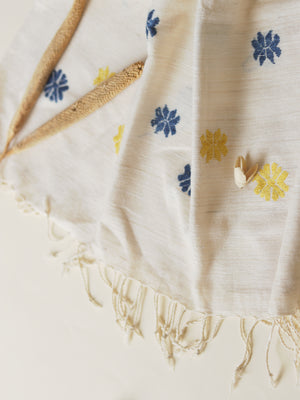 White scarf with blue & yellow motifs