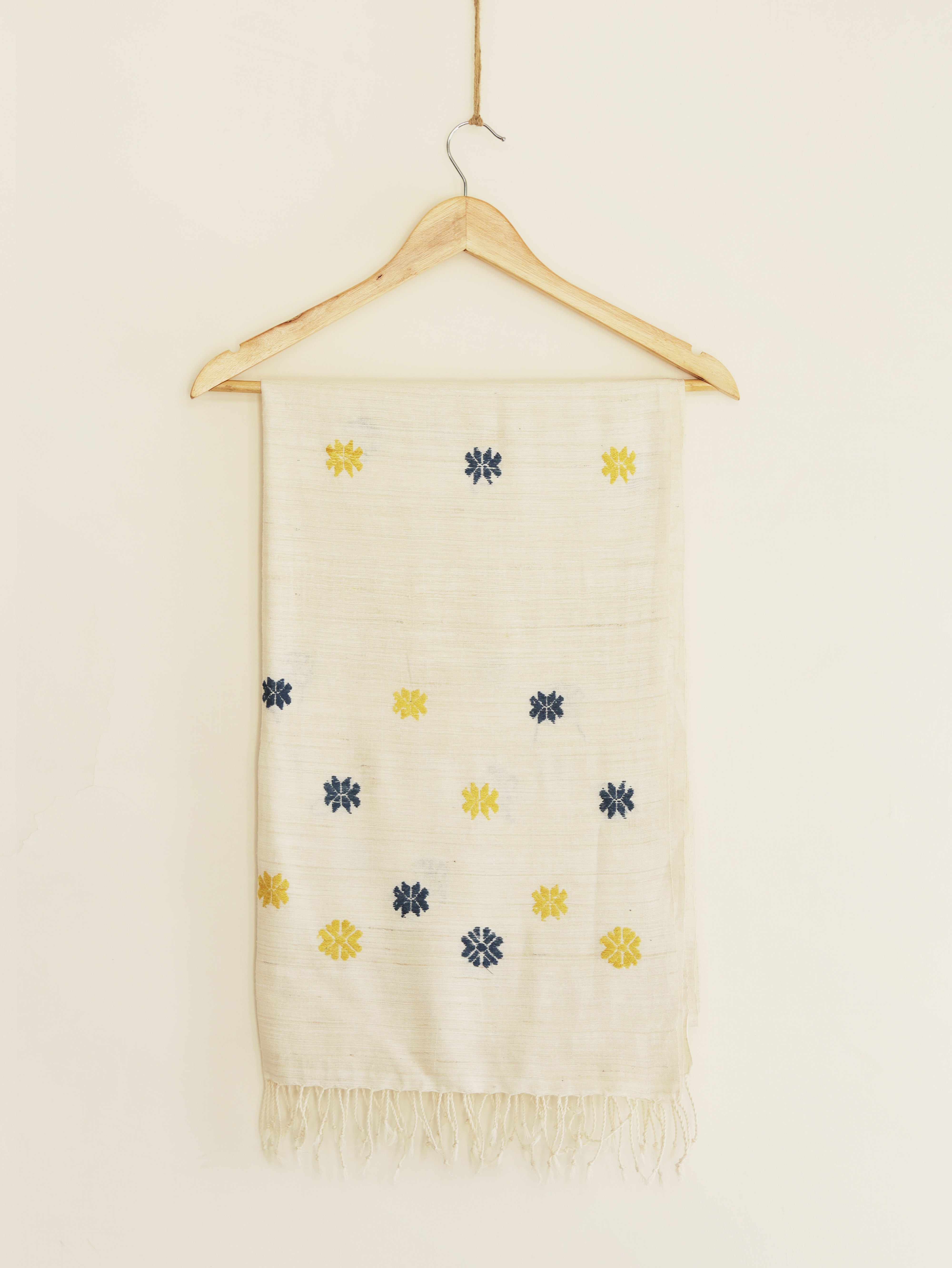 White scarf with blue & yellow motifs