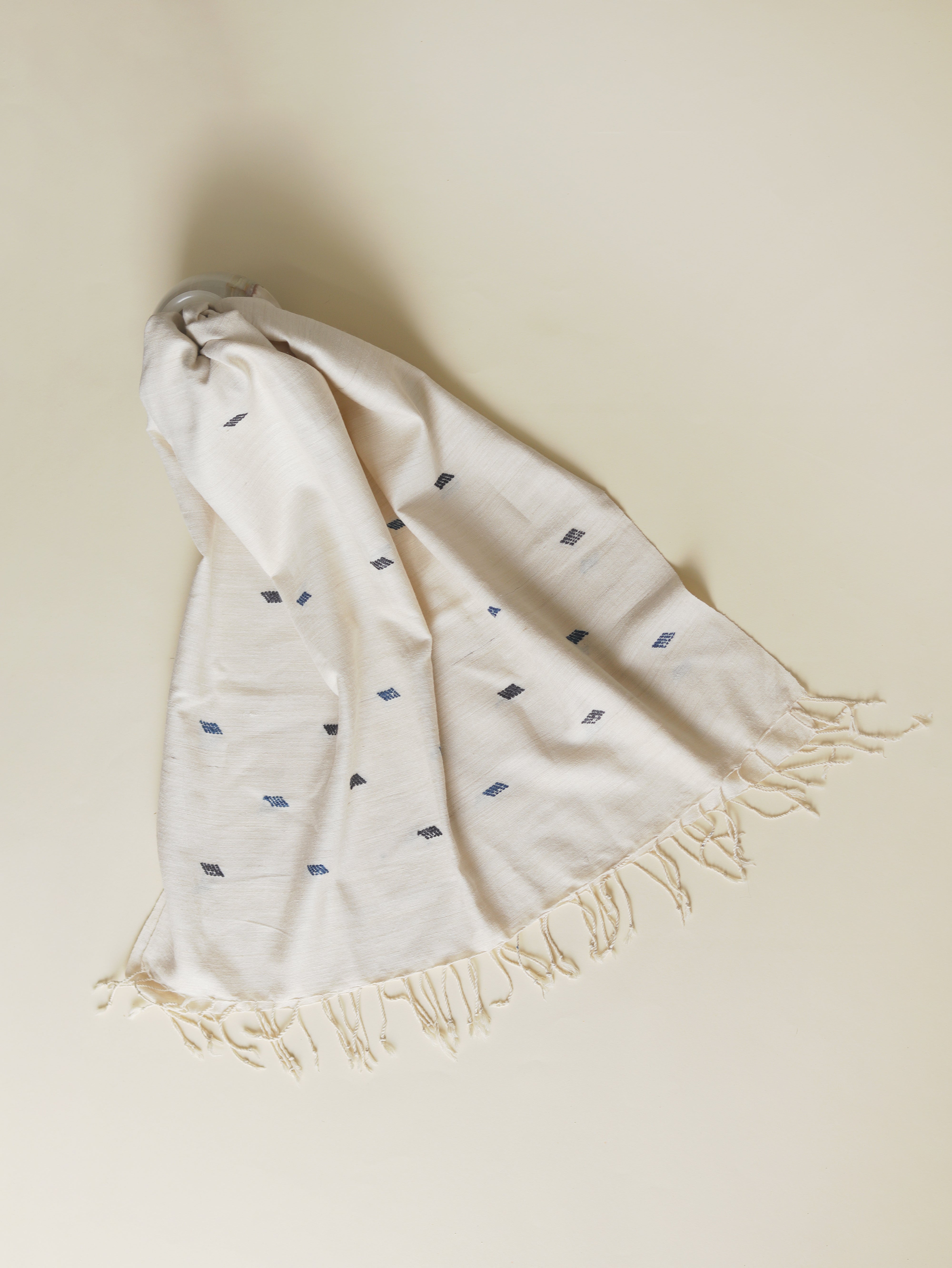 White Scarf with grey & blue diamond motifs