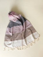 Silk scarf with blue, brown & grey stripes