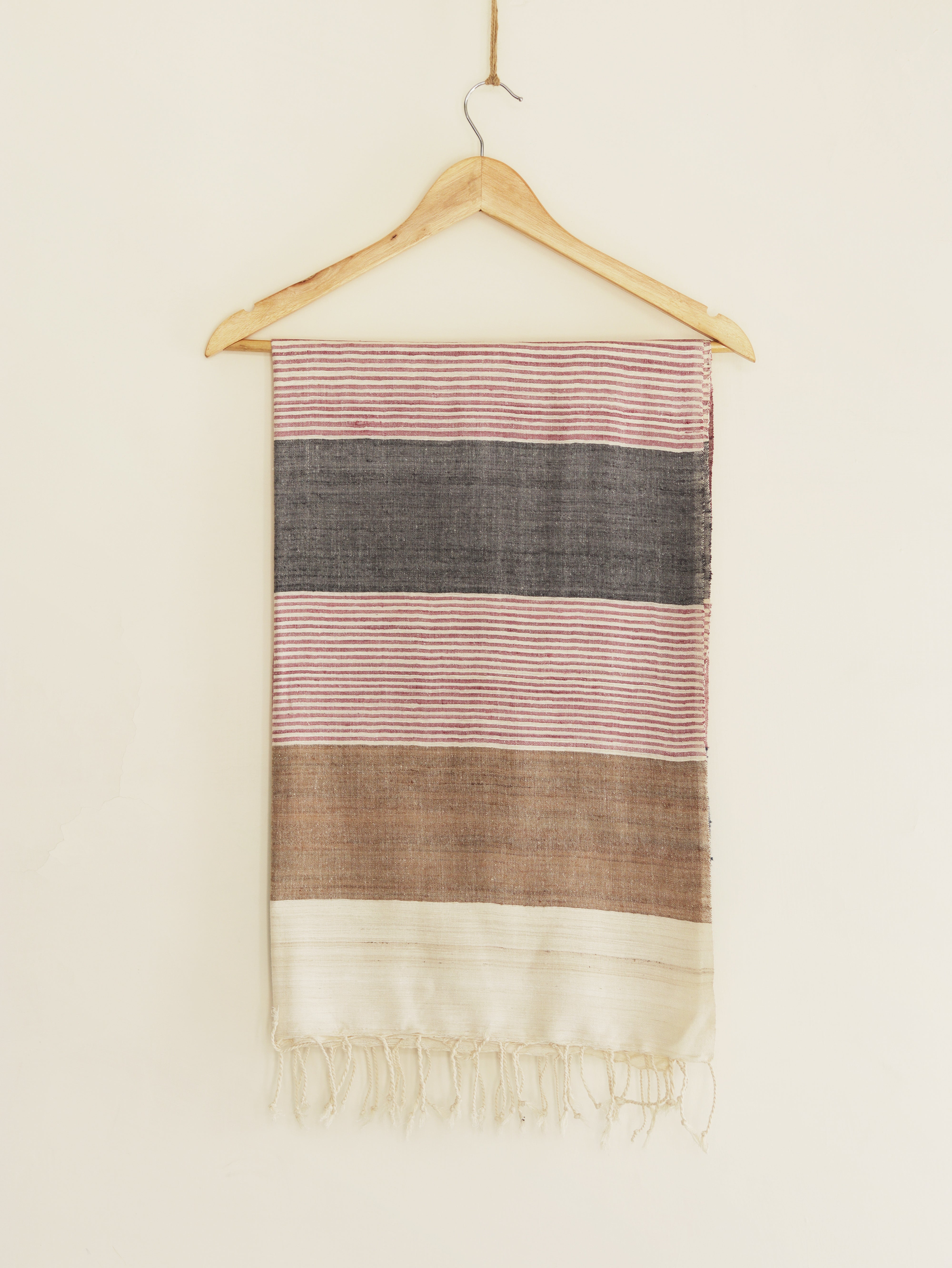 Silk scarf with blue, brown & grey stripes