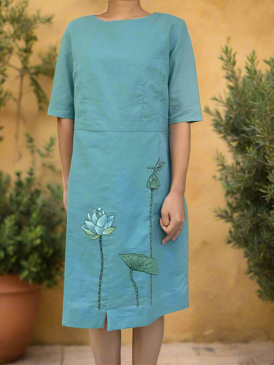 PRACHI Teal Cotton Hemp Midi Dress