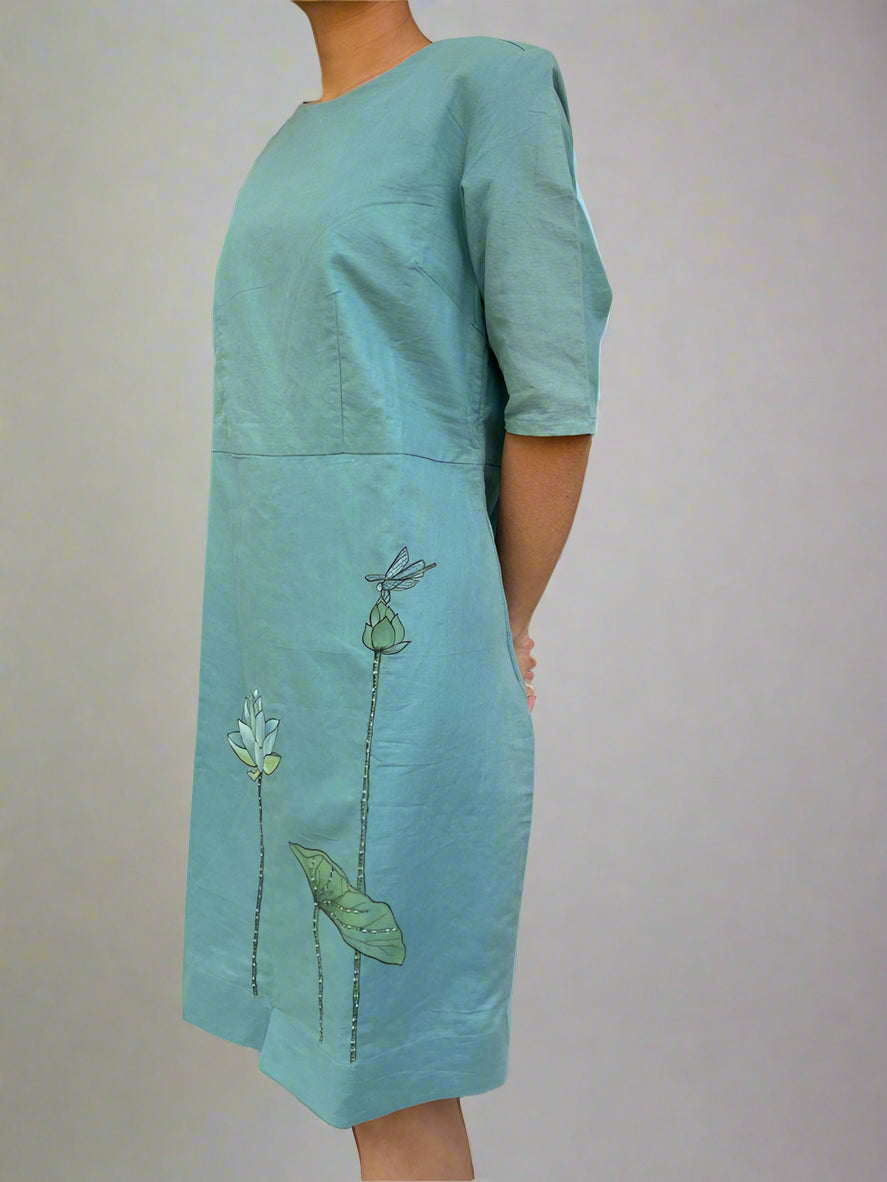 PRACHI Teal Cotton Hemp Midi Dress