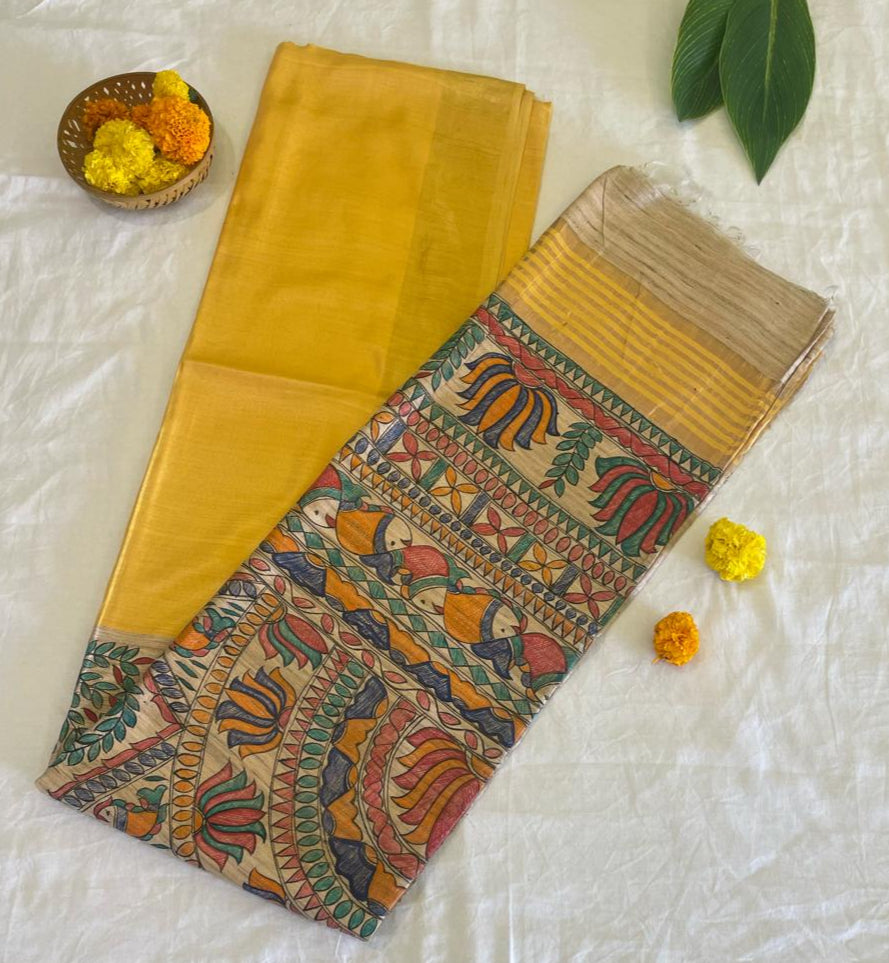 Golden Sunrise Madhubani Handpainted Silk Saree