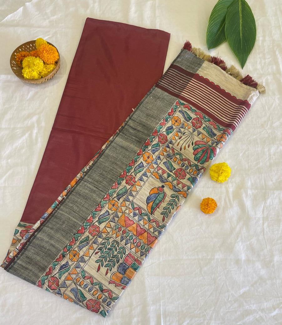 Scarlet Bliss Madhubani Handpainted Silk Saree