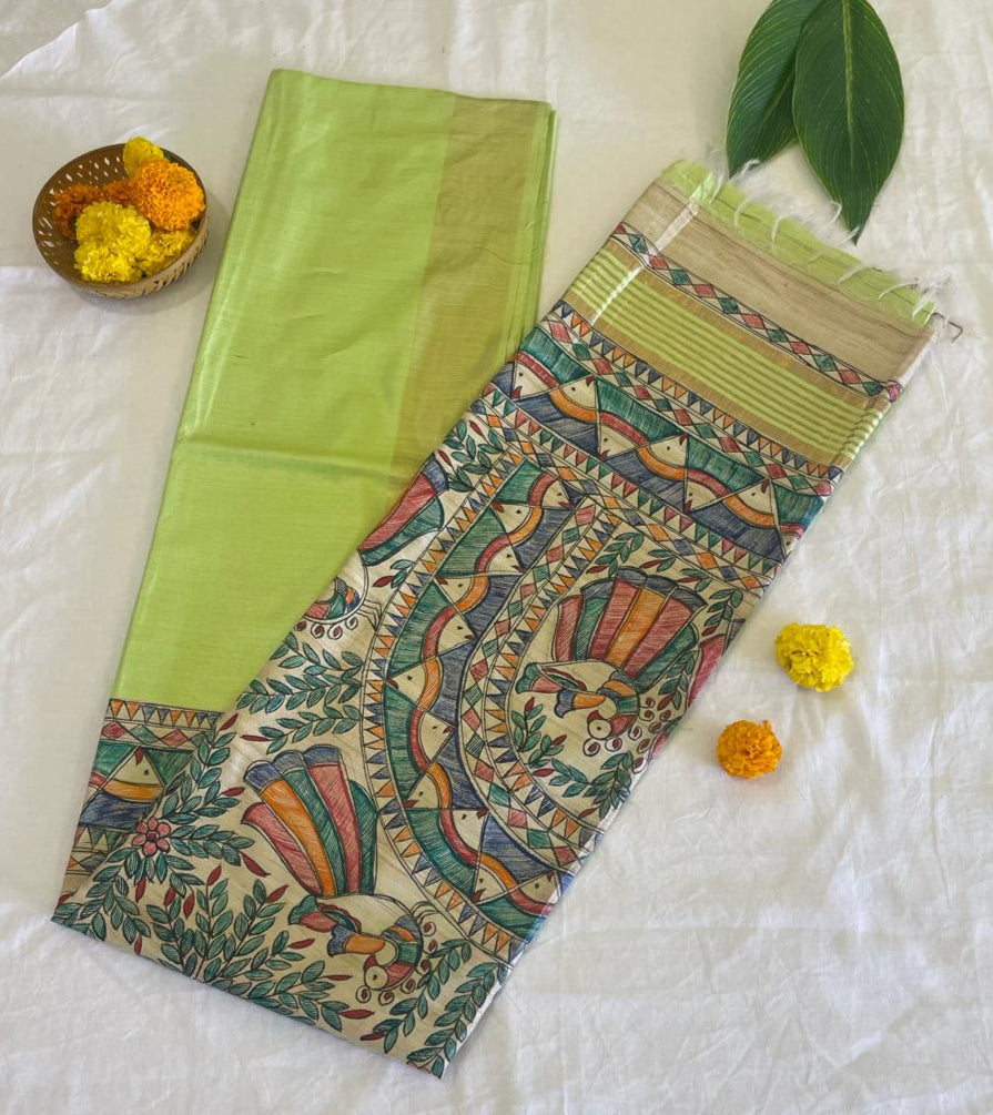 Neon Lush Madhubani Handpainted Silk Saree