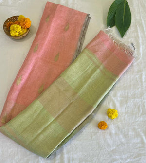 Pista Glow Handloom Linen Saree