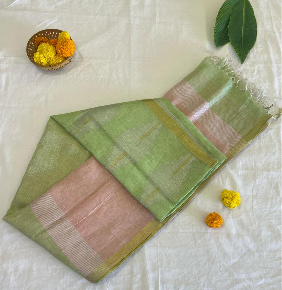 Blush Parrot Handloom Linen Saree