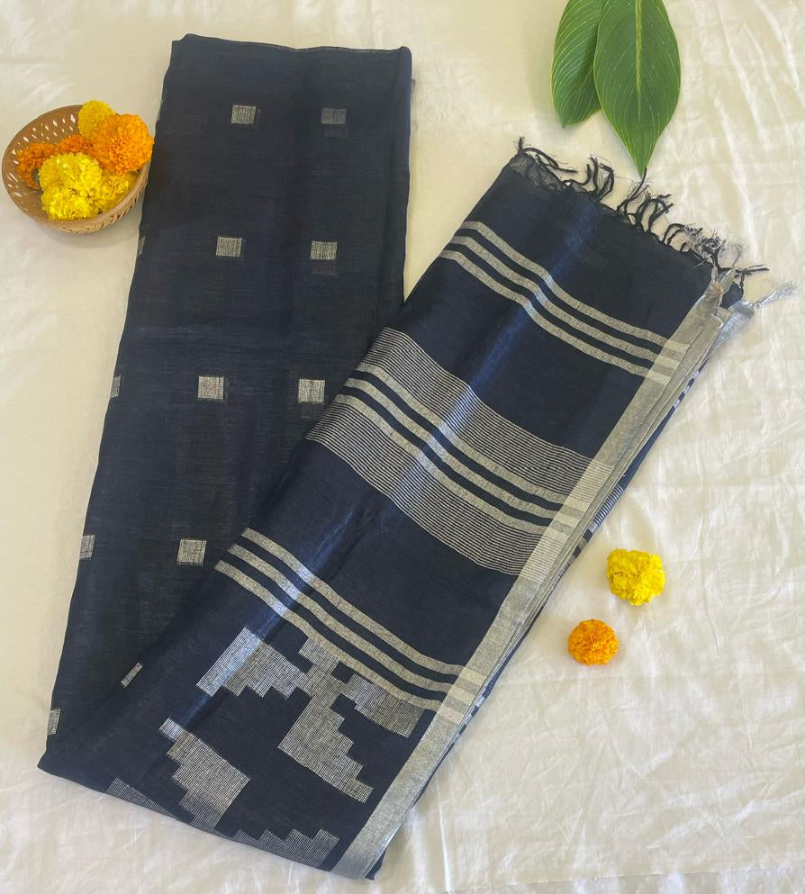 Royal Sapphire Handloom Linen Saree