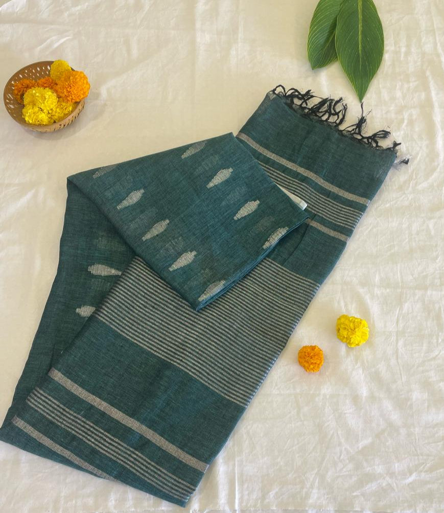 Lagoon Luxe Handloom Linen Saree