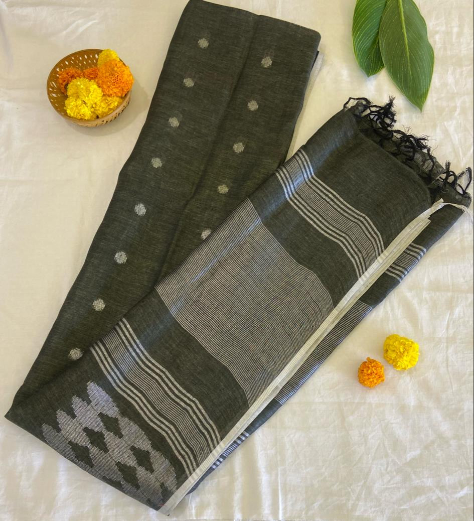 Slate Symphony Handloom Linen Saree