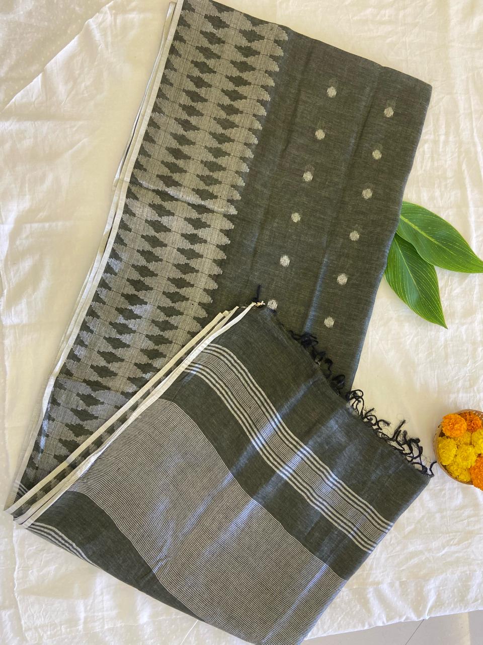 Slate Symphony Handloom Linen Saree