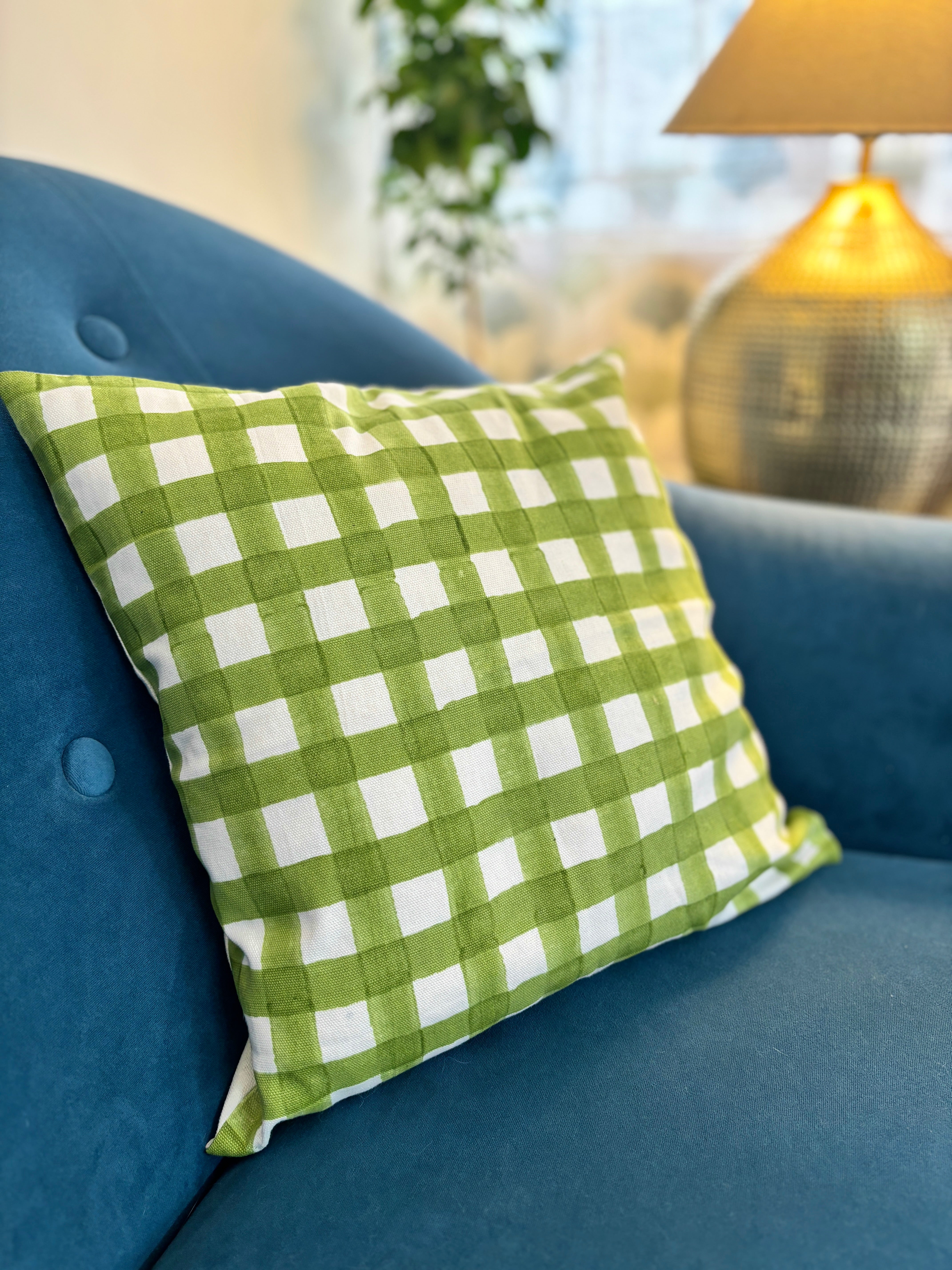 Green checks cushion cover